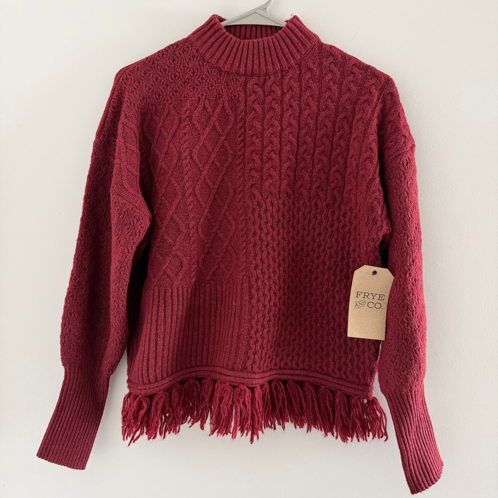 Frye and Co Chunky Cable Knit Fringe Hem Mock Neck Sweater Rhubarb Red M NWT